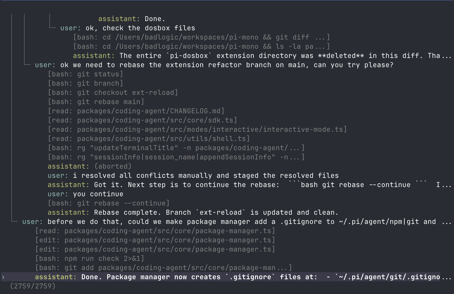 Pi coding agent session tree running in a terminal
